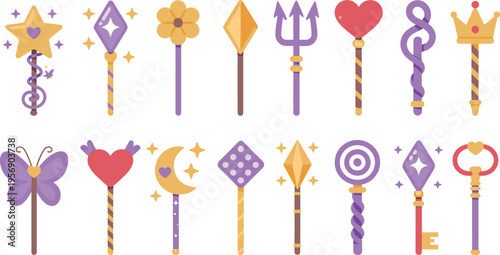 Vector set of magic wands and fairy scepters featuring heart star moon flower butterfly crown and gemstone designs in purple and gold
