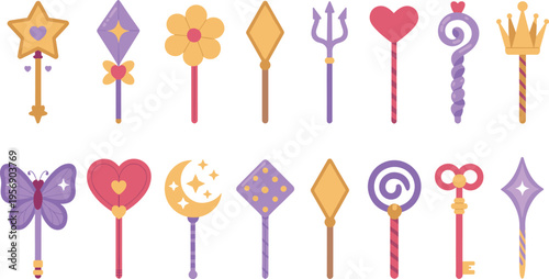 Vector set of magic wands and fairy scepters featuring star heart moon flower butterfly crown and gemstone designs in purple and gold