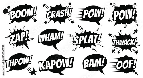 Collection of vintage comic book style explosion and action word bubbles
