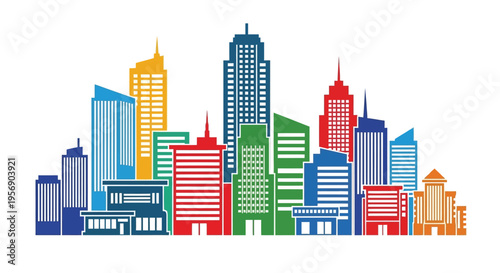Colorful skyline illustration featuring a vibrant collection of modern skyscrapers