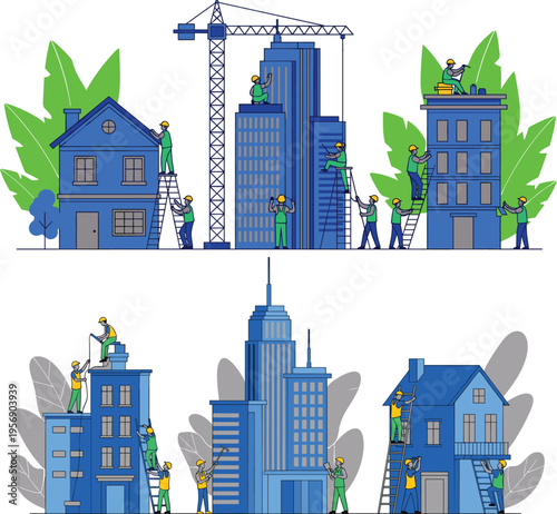 Urban construction illustration with workers building modern city buildings cranes and architecture development representing engineering progress and teamwork in contemporary flat design style