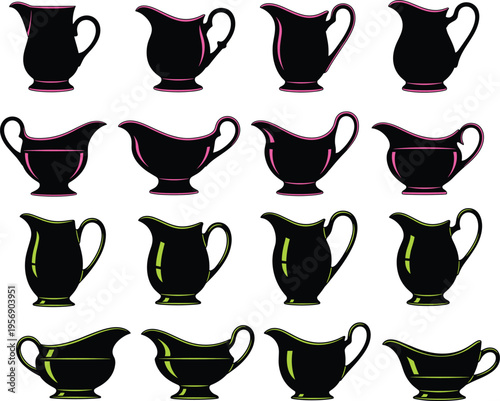 Vintage teapot silhouettes collection isolated on white background, classic kitchenware set, elegant ceramic tea pots illustration, retro serving utensils for design
