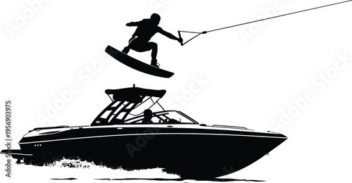 Wakeboarding silhouette illustration showing person airborne with tow rope and speeding motorboat creating water wake in dynamic black vector sport design