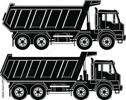 Heavy Duty Tipper Truck Silhouette Set, Construction Dump Truck Vector Illustration, Industrial Mining Vehicle Icon, Transport Haulage Machine, Quarry Equipment Graphics