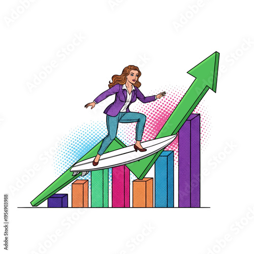 Business Growth Strategy Woman Surfing Upward Trend Chart Success Finance Investment Stock Market Career Development Pop Art Illustration