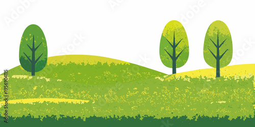Stylized green landscape featuring rolling hills and several trees
