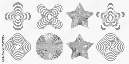 Optical illusion shapes in grayscale swirling patterns and geometric forms