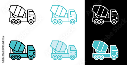 Cement mixer truck icon for construction industry and material transport in line and fill style