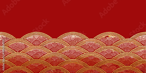 Golden wave patterns adorn a vibrant red background creating a festive design