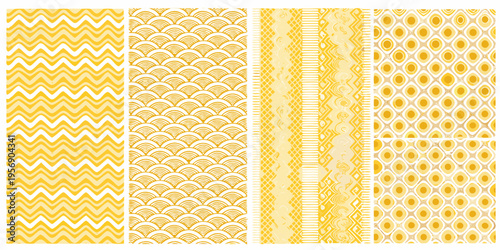 Four yellow patterned fabric swatches arranged in a grid formation
