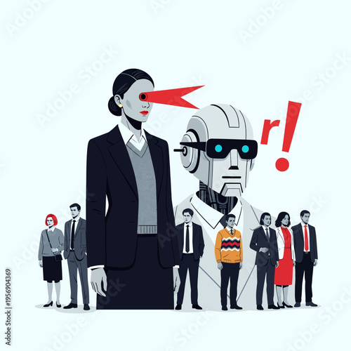 Futuristic Corporate Hierarchy Illustration Robot Boss Oversees Employees Modern Business Concept Digital Art Graphic Design Stock Image