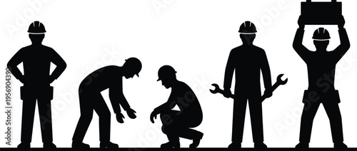 Black silhouettes of industrial construction workers, engineers, and technicians wearing hard hats, holding tools, and working in various poses on white