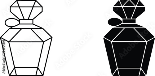 Vintage perfume bottle spray icon set, luxury fragrance atomizer vector illustration, outline and solid cosmetic scent container isolated symbol