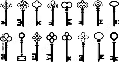 Vintage skeleton key silhouettes vector collection, antique ornate door keys old metal locksmith security symbols illustration