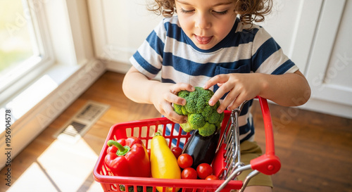 A boy smiles as he puts vegetables into a mini cart.