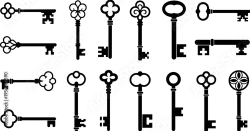 Vintage skeleton key silhouettes vector set, antique ornate door keys collection old metal locksmith security illustration