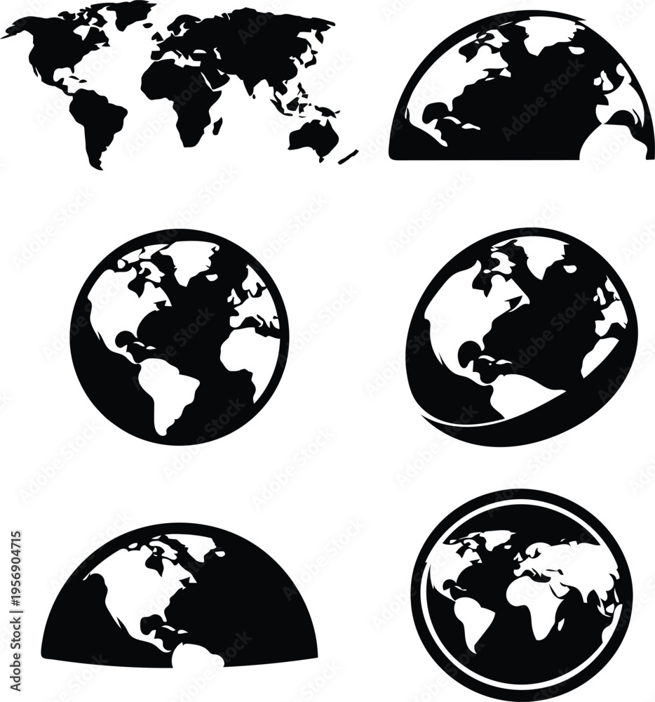 Obraz premium Black and white map on dark circular backgrounds globe continents dark background