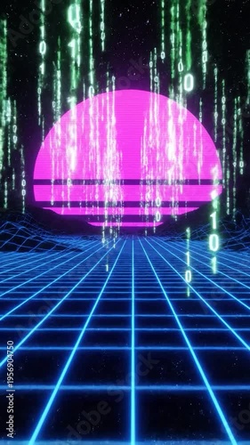 Digital landscape with falling binary code and glowing sun