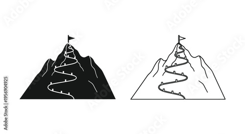 Mountain path with a flag on top shown in two contrasting styles