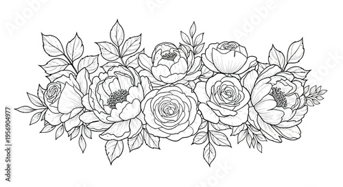 Detailed floral arrangement featuring peonies and roses in black and white