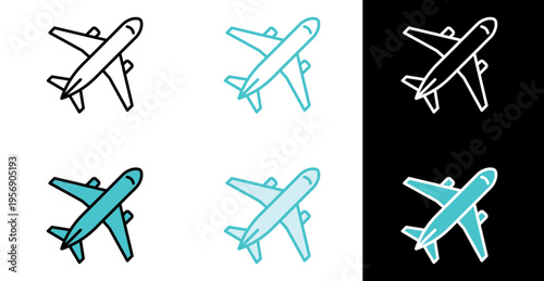 Commercial airplane icon for flight booking and transport in line and fill style