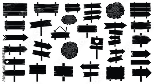 Collection of black wooden signs and arrows on a white background