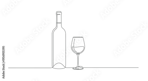 Minimalist wine bottle and glass line art illustration