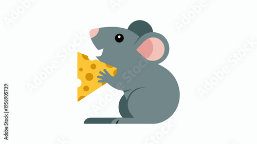 Cute gray cartoon mouse eating a slice of yellow cheese sitting on white background hungry rodent enjoying snack