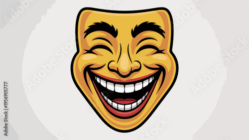 Laughing comedy mask with yellow skin and wide smile on light grey background expressing joy and happiness