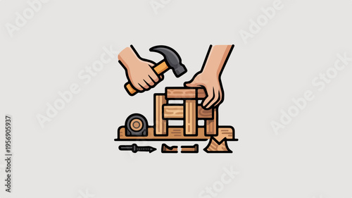 Hands building wooden furniture with hammer and tools on workbench in workshop