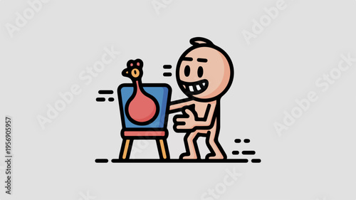 Man painting a vibrant red pear on a blue canvas with enthusiasm and creativity