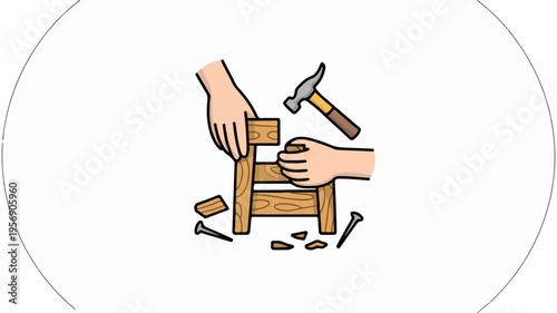 Hands assembling wooden chair with hammer and nails on workbench in workshop