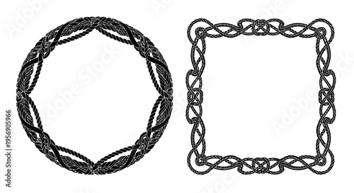 Intricate black rope designs forming a circle and a square frame