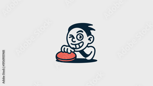 Smiling cartoon boy holding red frisbee on gray background playful and fun illustration for kids