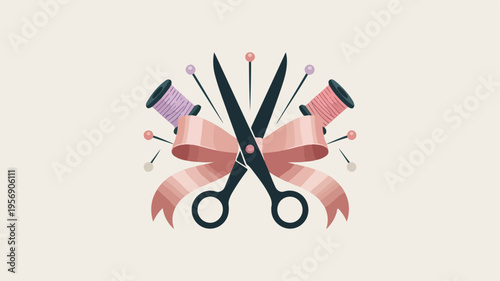 Sewing tools and pink ribbon on beige background symbolizing tailoring and fashion craftsmanship