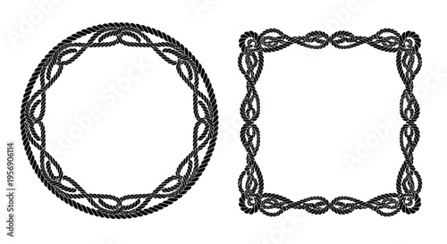 Black rope designs forming a circular wreath and a square frame