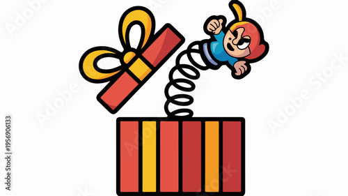Surprised cartoon character jumping out of colorful gift box with bow excited expression playful scene