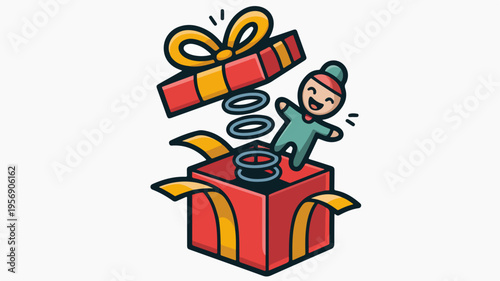 Surprised cartoon character jumping out of a vibrant red gift box with yellow ribbon and bow on white background