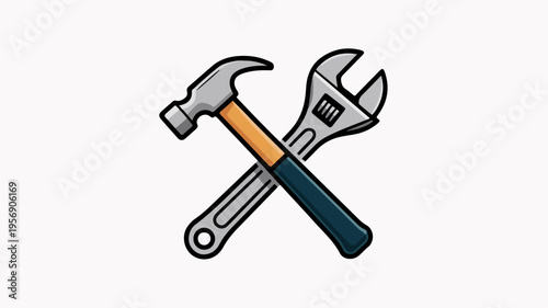Crossed hammer and adjustable wrench on white background tools for diy projects and home repair