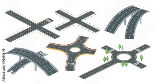 Isometric road junctions and highway overpasses in a graphic illustration