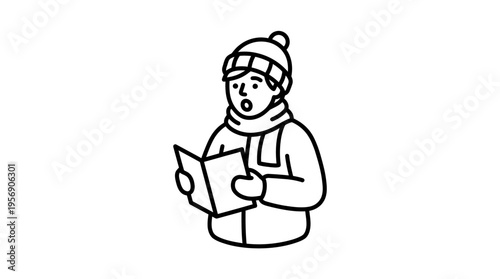 Person Singing Christmas Carols Line Drawing