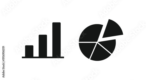 Black and white graphic depicting bar chart and pie chart icons