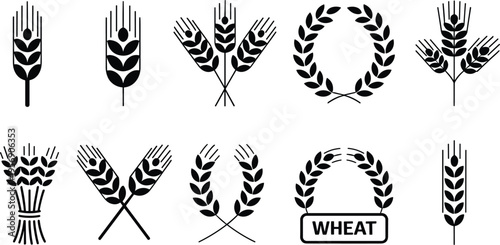 Wheat ear icon collection, grain spike agriculture symbols, cereal crop harvest elements, organic farming logos, farm food vector silhouettes