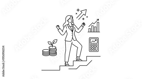 Businesswoman Climbing Stairs to Success with Financial Icons