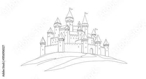 Fairytale castle on hill, minimalist line art illustration