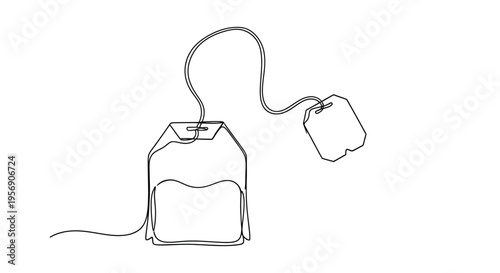 Tea bag with tag, one line drawing, hot drink illustration
