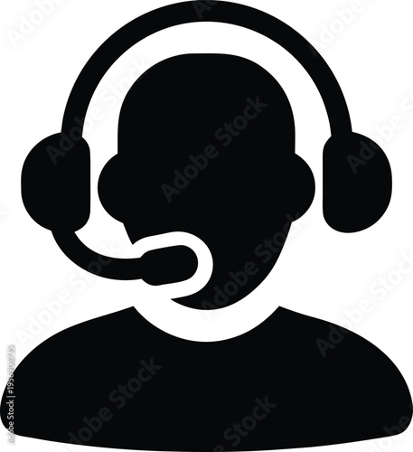 A minimalist black icon representing a customer support agent wearing a headset for communication