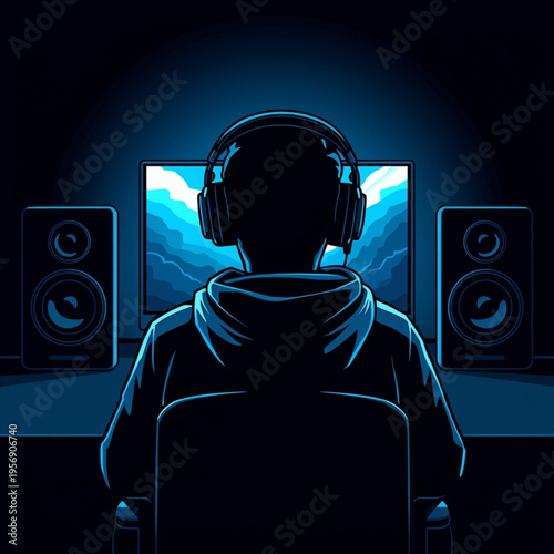 A person sitting in front of a computer and wearing a headset