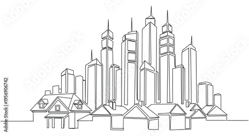Continuous Line Drawing of Cityscape with Houses and Skyscrapers