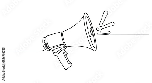 Megaphone shouting, one line drawing, announcement symbol